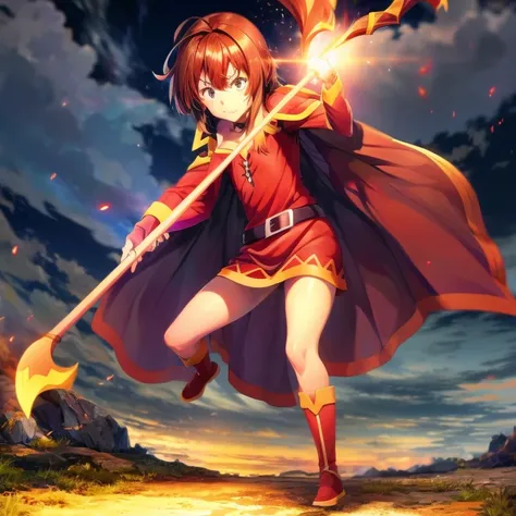 Megumin, magical explosion, fiery red hair, detailed eyes, staff in hand, confident and determined expression, black cloak billowing in the wind, intense battle pose, arcane symbols glowing, majestic background, sparks and flames, vibrant colors, high cont...