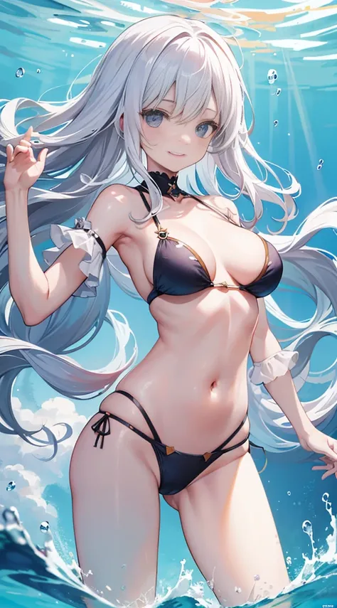 swim wears、The navel is visible、I can see my stomach, view the viewer, Maniacal, messy long hair, Beautiful detailed eyes,Radiant hair,White hair、Dramatic Angle, lively breasts,lightsmile,The mouth is closed，partial underwater shot...