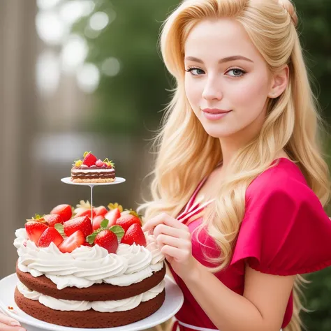 (best quality,4k,8k,high res,masterpiece:1.2),ultra-detailed, photorealistic, flaxen blonde hair,long hair, Mature and beautiful, realistic depiction:1.2 Sailor Moon eating chocolate strawberry cake