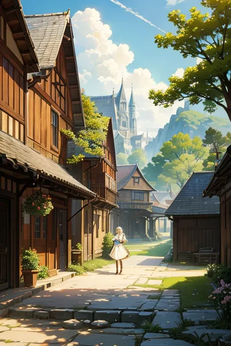 anime scene：house with fountain，A woman stands in front of it, beautiful anime scenes, Small town background, anime backgrounds艺术, beautiful anime scenery, Anime landscapes概念艺术, anime scene, Anime countryside landscape, Anime landscapes, castle scene manga...