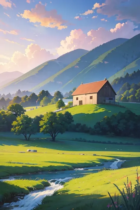 A painting of a barn in a field，There is a stream flowing through it, Anime countryside landscape, anime backgrounds, Anime landscapes, beautiful anime scenery, anime backgrounds艺术, anime jade camping, beautiful anime scenes, Anime landscapes概念艺术, Anime la...