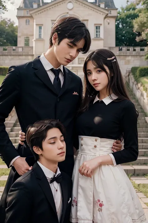 a film poster of three people, two boys and one girl, bestfriends, love  in front of a castle, manhwa, shoujo romance, aristocratic, the flower prince, castle scene manga, delicate androgynous prince, cover manga, steam romance, romance novel cover, bloom....