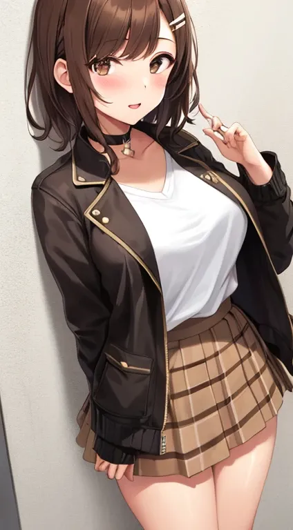 1girl, solo, brown hair, medium hair, hairclip, brown eyes, choker, schooul outfit with jacket, light skirt, large breasts, lustful face, fair skin