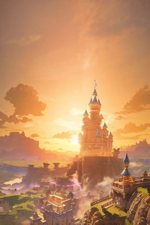 il y a une photo d&#39;A couch in the sun with a château in Arrière-Plan, Souffle de la nature screenshot, botw, Souffle de la nature, zelda Souffle de la nature, Hyrule, Zelda Botw, Souffle de la nature art style, Temple lumineux au loin, lever de soleil ...