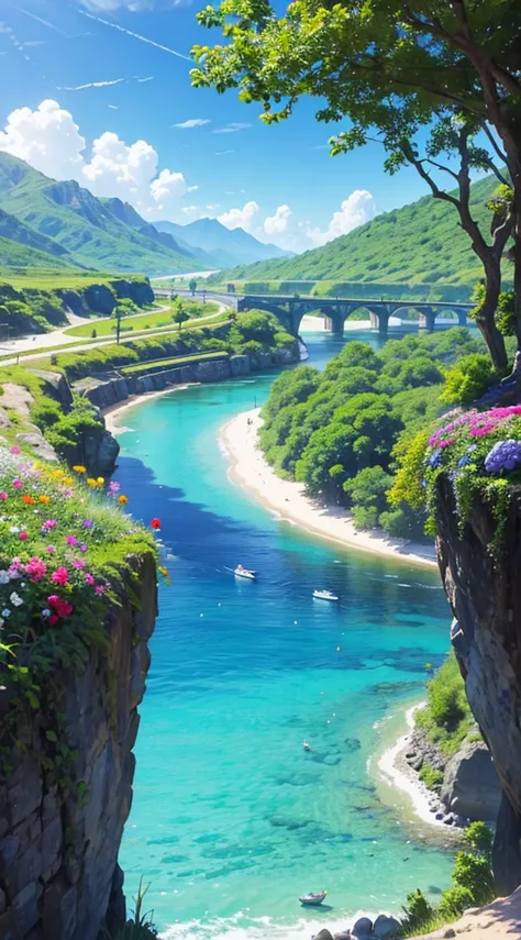 An old train in the most beautiful and beautiful paradise in the world, with blue sky, sand, flowers, trees, crystal clear water