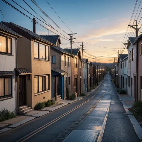 Row of houses with telephone poles and light in the wondows