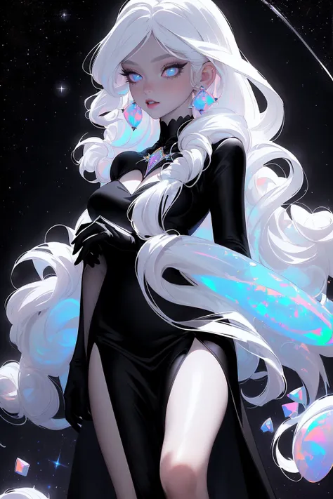 {-erro_de_anatomia:1.0} masterpiece, highest quality, (perfect face:1.1, (high detail)1.1, sweet Alien vampire , long soft white hair, opal eyes, perfectly drawn face, black dress, stars detailed background, prismatic lighting, glitter, whole body, walking...