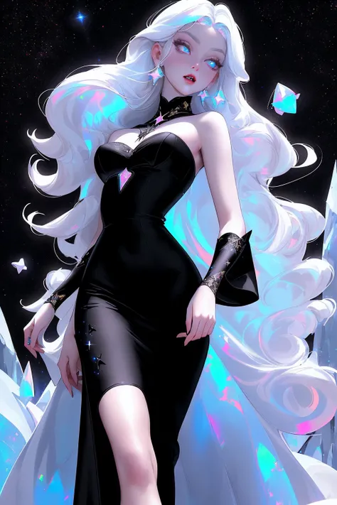 {-erro_de_anatomia:1.0} masterpiece, highest quality, (perfect face:1.1, (high detail)1.1, sweet Alien vampire , long soft white hair, opal eyes, perfectly drawn face, black dress, stars detailed background, prismatic lighting, glitter, whole body, walking...