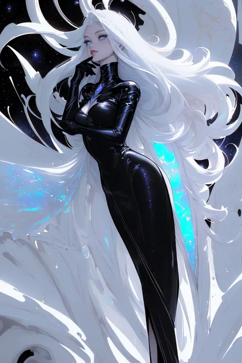 {-erro_de_anatomia:1.0} masterpiece, highest quality, (perfect face:1.1, (high detail)1.1, sweet Alien vampire , long soft white hair, opal eyes, perfectly drawn face, black dress, stars detailed background, prismatic lighting, glitter, whole body, walking...