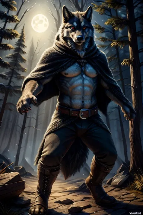 death (puss in boots), male, muscular, wolf, canid, fluffy, standing, night, forest, claws, paws, low angle view, long hair, black sclera, red eyes, tail, front view, action pose, (black poncho:1.2), clothed, bottomwear, pants, belt, white body, black fur,...