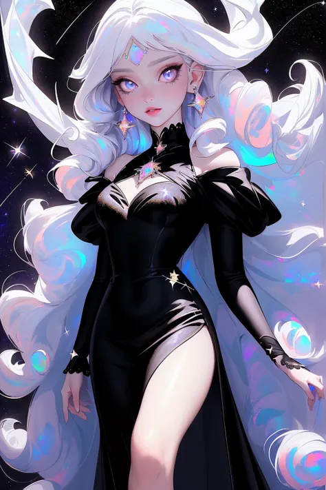 {-erro_de_anatomia:1.0} masterpiece, highest quality, (perfect face:1.1, (high detail)1.1, sweet stardust vampire , long soft white hair, opal eyes, perfectly drawn face, black dress, stars detailed background, prismatic lighting, glitter, whole body, walk...