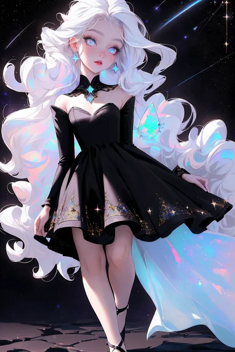 {-erro_de_anatomia:1.0} masterpiece, highest quality, (perfect face:1.1, (high detail)1.1, sweet stardust vampire , long soft white hair, opal eyes, perfectly drawn face, black dress, stars detailed background, prismatic lighting, glitter, whole body, walk...