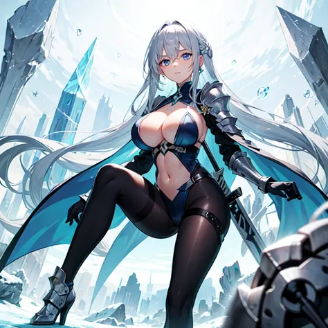 A long silver-white hair，Girl with crystal blue eyes，She wore a tights that looked like a combat suit，Places such as wrists and knees are hard-looking armor，face expressionless，There is no emotion in the eyes，Icy cold, A long black sword，A long white sword...