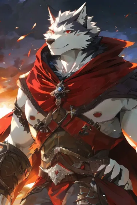 (ultimate death wolf) best quality, ultra high res,1furry boy， solo，detailed eyes, volumetric lighting, amazing, finely detail, cowboy shot, cloak , white fur, red eyes, white sclera, bright pupils, bright atmosphere, muscular, upper body, from below (rema...