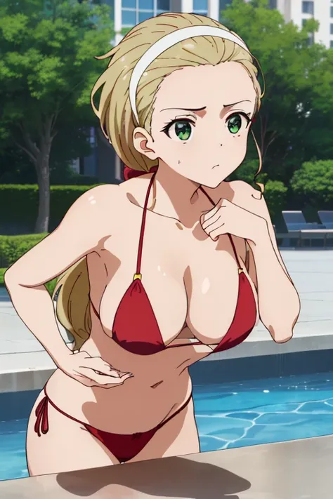 ((​masterpiece、top-quality、detaile、hight resolution、extremely delicate and beautiful, anime screen cap, anime colours))、(red Micro Bikini:1.3)、(huge drooping breasts:1.5), (Leaning forward:1.8, front view:1.5, Downblouse:1.5), akebi sasaki, hairband, 1girl...