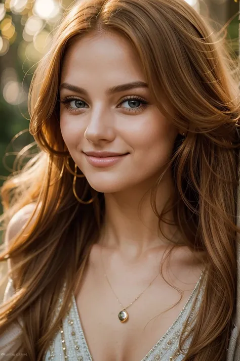 A cute, radiant and blissful woman, her long, flowing orange hair cascades beautifully, complementing her mesmerizing grey eyes and glossy lips. With an expression of pure joy and contentment, she radiates warmth as she gazes affectionately into the camera...