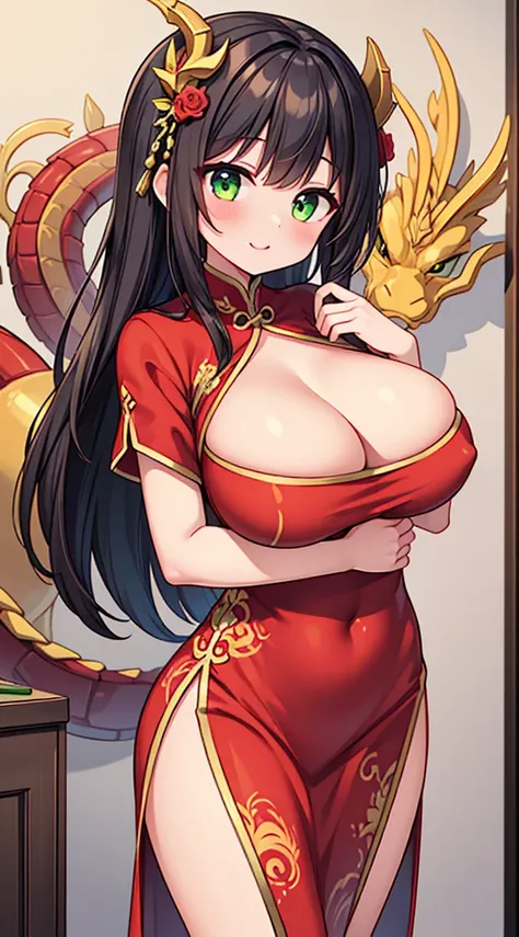 masterpiece, best quality, 8k, hires, detailed, 1girl, mature,detailed skin texture,black hair,long hair,pony tail,huge breast, half body, detailed face, cute face, young face, pure face,detailed china dreess,(red dress,gold dragon pattern,sexy deep side s...