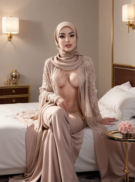 Woman: Pubic hair is hairy:1.3, (((Woman: Full Nude & Naked unclothed))) (Best quality, high resolution, masterpiece: 1.3), a beautiful malay woman in satin flowers hijab, big breasts, 25 year, body abs, tall , sitting on bed, cross legs , ((gigantic breas...