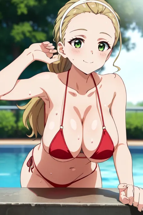 (​masterpiece, top-quality, detaile, hight resolution, extremely delicate and beautiful, anime screen cap, anime colours), akebi sasaki, hairband, long hair, 1girl, dark green eyes, smile, blush, (red Micro Bikini:1.3), (huge drooping breasts:1.5), (POV, L...