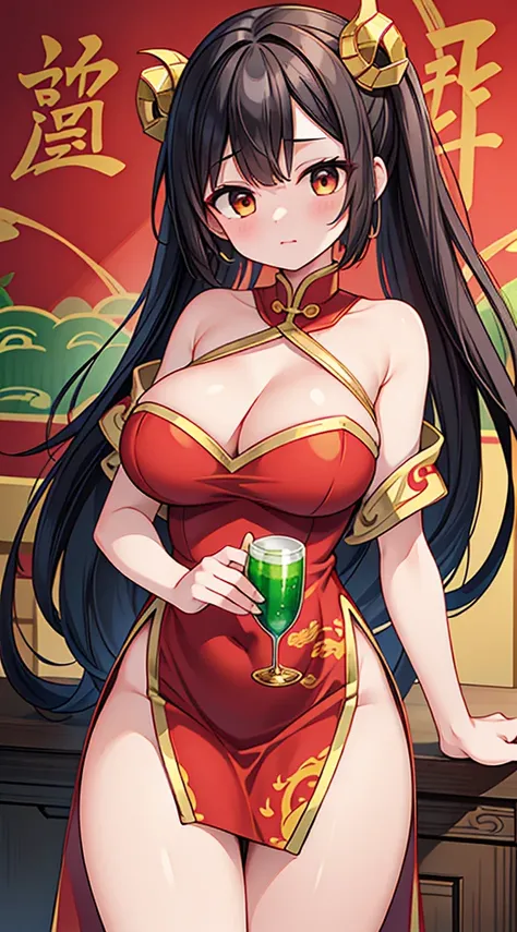 masterpiece, best quality, 8k, hires, detailed, 1girl, mature,detailed skin texture,black hair,long hair,pony tail,huge breast, half body, detailed face, cute face, young face, pure face,detailed china dreess,(red dress,gold dragon pattern,sexy deep side s...