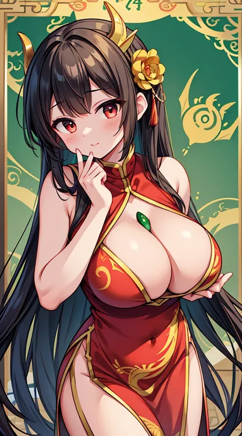 masterpiece, best quality, 8k, hires, detailed, 1girl, mature,detailed skin texture,black hair,long hair,pony tail,huge breast, half body, detailed face, cute face, young face, pure face,detailed china dreess,(red dress,gold dragon pattern,sexy deep side s...