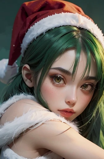 beautiful girl, with green hair, a Santa hat on her head, hugging a red fox, with a red hat on her head, hyper-detailed, 8k, Greg Rutkovsky style, close-up, many details