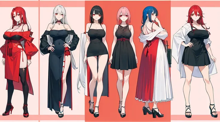 (La mejor calidad, anime, cuerpo completo, over size, illustration, hembra madura, chica mala, largo Pelo rojo, Mirando al espectador, ojos azules, senos grandes, saco negro, vestido corto rojos, (Character Design Sheet), Diferentes poses, different angles...