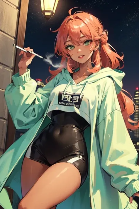 Girl, smoking, loose streetwear, hoodie, long hair, wavy hair, coral coloured hair, dark tan skin, sultry face, night time, light green eyes, smiling, flirty, adult, casual, tall, sexy, half-lidded eyes, leaning back, curvy