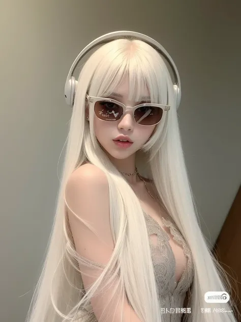 Mujer rubia con auriculares y gafas de sol posando para una foto, Hermosa Delphine, Ava Max, Cabello largo y blanco y flequillo, con el pelo largo y blanco, con pelo largo blanco, Retrato de Kim Petras, flequillo blanco, cabello whitebangs cabello, Su cabe...