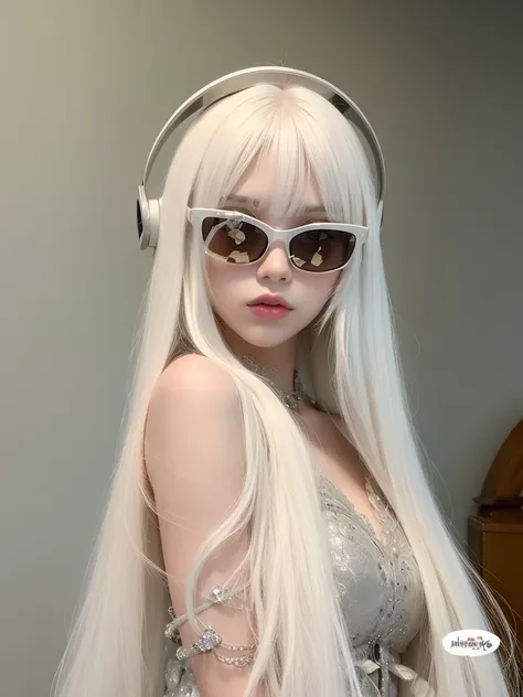 Mujer rubia con auriculares y gafas de sol posando para una foto, Hermosa Delphine, Ava Max, Cabello largo y blanco y flequillo, con el pelo largo y blanco, con pelo largo blanco, Retrato de Kim Petras, flequillo blanco, cabello whitebangs cabello, Su cabe...