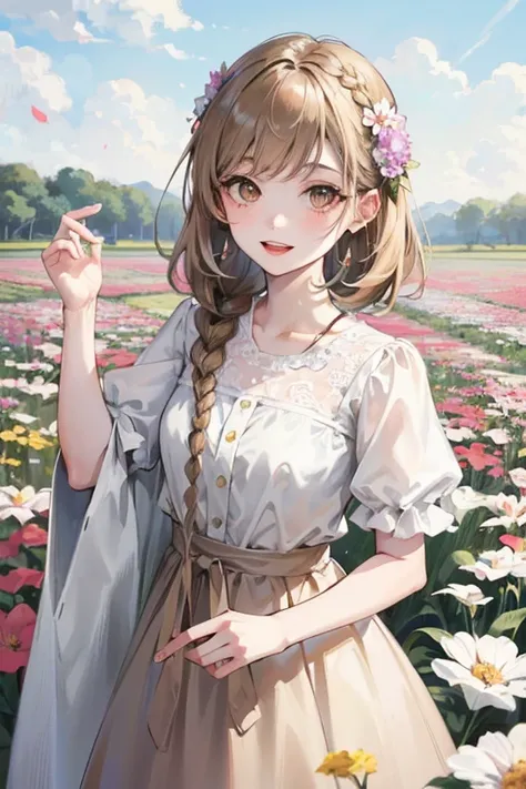 Girl, adult, proper, dress, braided hair, straight hair, beige hair, pale skin, sweet face, brown eyes, smiling, cute, flowery, pastel clothes, tucking hair behind ear, tall, flower field scenery