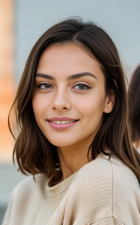 Beautiful brunette in light beige sweater (Nail care in a modern beauty salon), muy detallado, 21-year-old, Cara inocente, cabello ondulado natural, ojos azules, High resolution, Obra maestra, La mejor calidad, Detalles intrincados, Altamente detallado, fo...