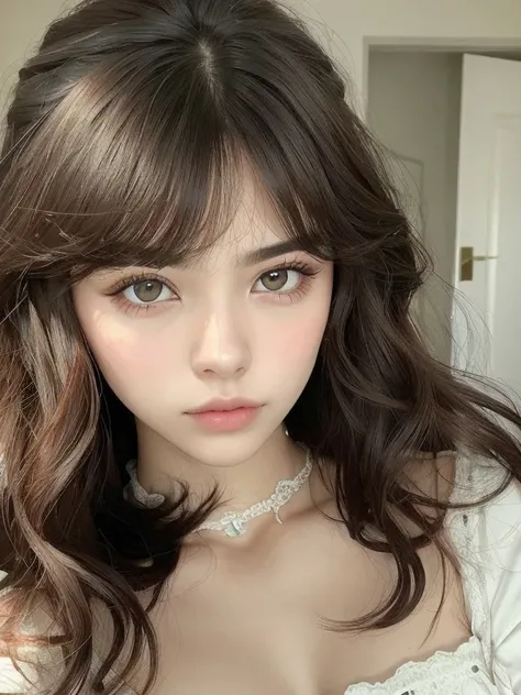 hay una joven con el pelo largo y un collar, chica linda-fina-cara, 🤤 girl portrait, maquillaje suave, flequillo esponjoso, ulzzang, flequillo de cortina, Small heart-shaped face, Sakimichan, Cara delicada y encantadora, young cute wan asian face, Cara per...