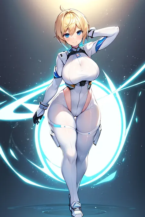 1girl, white skin, light skin, smile, light smile, blonde hair, pixie cut, tomboy, very short hair, blue eyes, large breasts, breasts, wide hips, white bodysuit, white clothes, black pantyhose, bodysuit, sleeves, short sleeves, pantyhose, futuristic, scien...