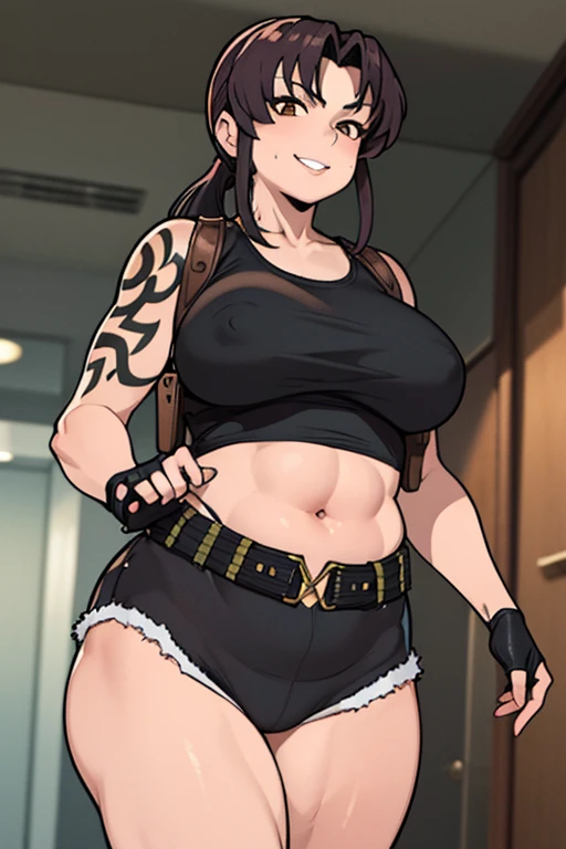 (masterpiece, best quality:1.2), solo, 1girl, revy, 48-year-old, mature woman, milf, milf figure, chubby belly, pudgy figure, confident smile, teeth, looking at viewer, walking, ponytail, tight red tank top, fingerless gloves, tight black pants, belt, ciga...