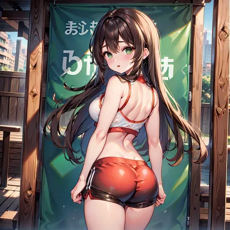 1girl, brown hair, green eyes, tall, white sports top, red sports shorts, big butt