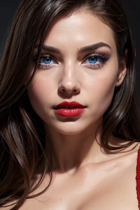 Detailed face of the woman looking at the camera, yeux bleus, warm, thick red lips, Separate mouth with sensuality, Correct deformed fingers, photoreallistic, sharp eyes