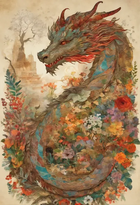 The dragon sleeps in the forest.., curled up in a kolashik,lying face down, His head was lying on a field of beautiful flowers.