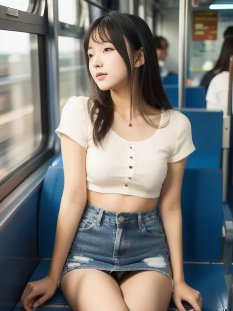 Best Quality, masutepiece, 超A high resolution、sit on a chair on the train、frontage、Denim Mini Skirt、low angles、white panty