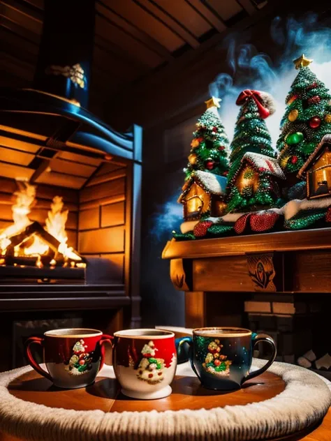 (Masterpiece, high quality, Best quality, Official Art, Beauty and Aesthetics:1.2) living room of a cabin in front of the chimney Christmas decorations throughout the room, center table in front of the fireplace with 2 mug type cups of hot chocolate, you c...