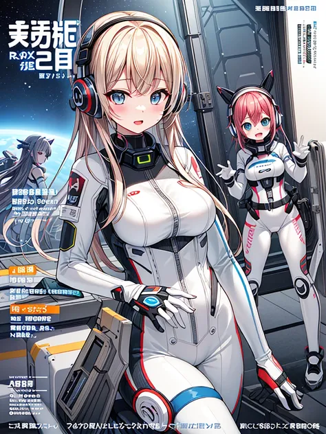 top-quality、Magazine Viewing、magazine title、fashion magazine、masuter piece、covers、2girls、(White spacesuit)、(a blond):1.5、(Futuristic, tight-fitting bodysuit)、head phone、Cyberpunk spaceship interior background、​masterpiece、top-quality、