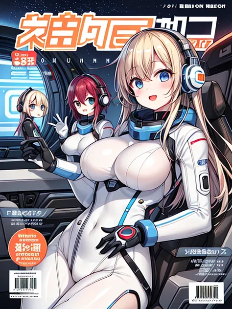 top-quality、Magazine Viewing、magazine title、fashion magazine、masuter piece、covers、2girls、(White spacesuit)、(a blond):1.5、(Futuristic, tight-fitting bodysuit)、head phone、Cyberpunk spaceship interior background、​masterpiece、top-quality、