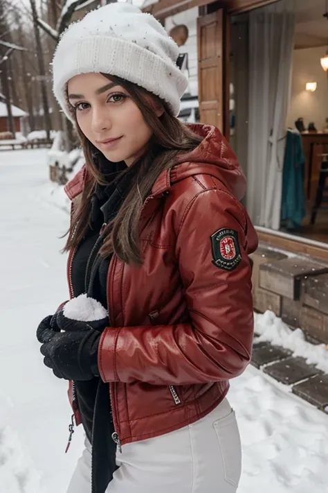 Photo of a beautiful Turkish woman, Lockige Haare, Winter Handschuhe, Sportlich,