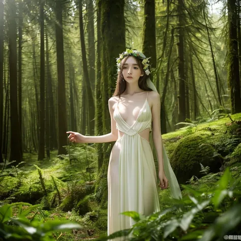 Russian Girl 15 Years Old - Wood Elf Druid in the Forest (RPG), dressed as a druid, Fantasy,TOLKIEN,8K ,真实感, Photo , hight resolution, real looking skin, The girl has a slender body, No cosmetics, A big white wolf stands in the distance,, to the girl : elf...