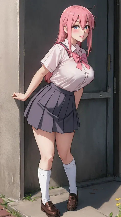 (full body view) (from from side)One beautiful girl bent forward, an ultra-realistic beauty, pink hair, Hitori Bocchi, Hitori Bocchi body, legs in different directions, school uniform, short skirt, short sleeve shirt, white shirt school uniform, white shir...