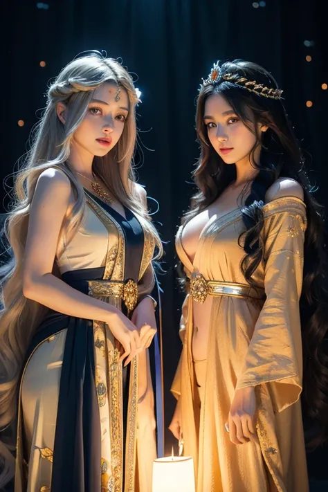 two distinct goddesses, lumira the goddess of light with her long, wavy golden hair, eyes as blue as the sky and devora the godd...