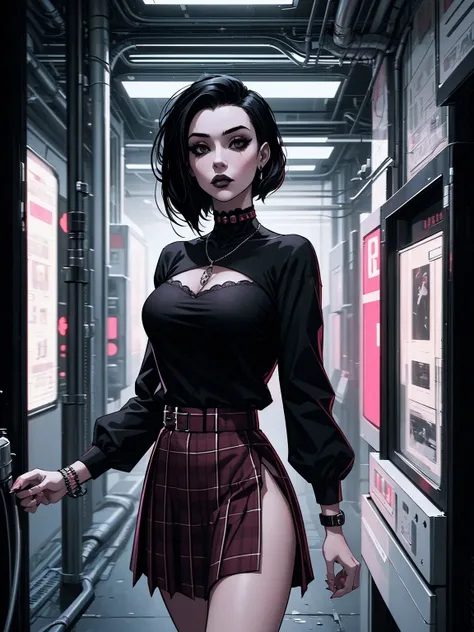 a woman with short black hair wearing a black blouse and plaid skirt, cyberpunk art, gothic art, cute aesthetic with vibe, toon aesthetic, wearing red costume, wearing gothic accessories