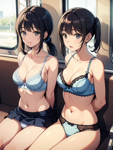 Best Quality, masutepiece, 超A high resolution、2 women、Sitting on a train chair、Black hair ponytail、Black hair twintails、frontage、Tight mini skirt、low angles、Light blue lace panties　Light blue bra、teats