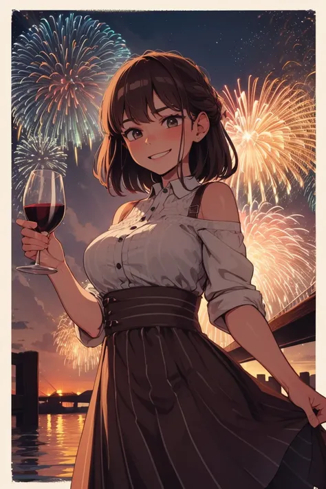 Happy new year, woman in dress, fireworks, classy, wine