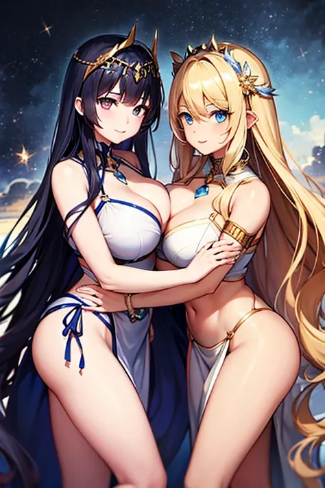 two distinct goddesses, Lumira the goddess of light with her long, wavy golden hair, eyes as blue as the sky and Devora the goddess of darkness with her long hair as black as the night, eyes as black as the pitch of night, the two together, closeup